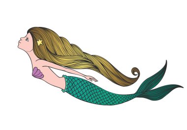 Şirin el çekilmiş genç deniz kızı. Beyaz arka plan üzerinde izole altın saçlı güzel çizgi film karakteri deniz kızı kız. Vektör çizim.