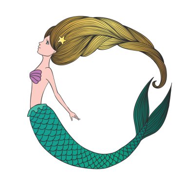 Şirin el çekilmiş genç deniz kızı. Beyaz arka plan üzerinde izole altın saçlı güzel çizgi film karakteri deniz kızı kız. Vektör çizim.