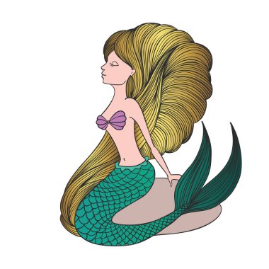 Şirin el çekilmiş genç deniz kızı. Beyaz arka plan üzerinde izole altın saçlı güzel çizgi film karakteri deniz kızı kız. Vektör çizim.