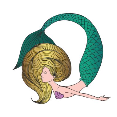 Şirin el çekilmiş genç deniz kızı. Beyaz arka plan üzerinde izole altın saçlı güzel çizgi film karakteri deniz kızı kız. Vektör çizim.