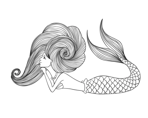 Hand Drawn Linear Cute Girl Mermaid Coloring Book Isolated White — Stock Vector