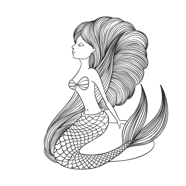 Hand Drawn Linear Cute Girl Mermaid Coloring Book Isolated White — Stock Vector