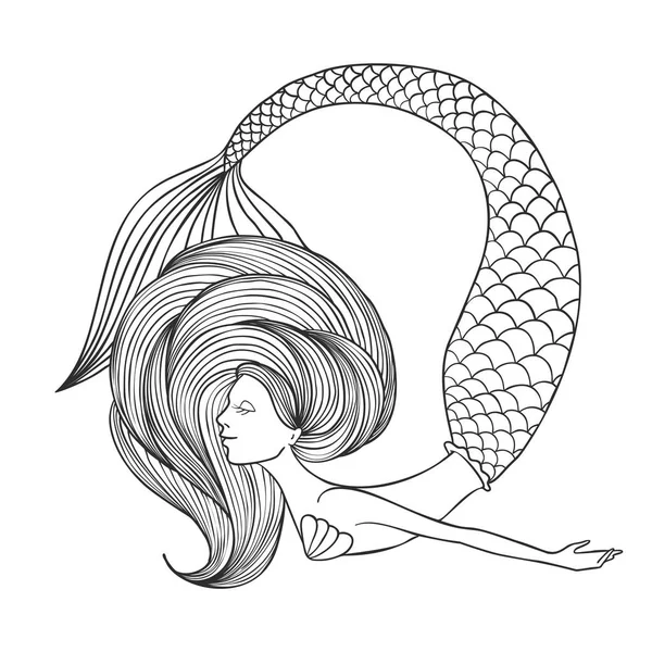 Chica Linda Lineal Dibujada Mano Sirena Para Colorear Libro Aislado — Vector de stock