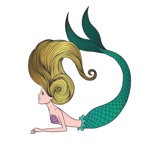 Cute Hand Drawn Young Mermaid Beautiful Cartoon Character Mermaid Girl — Stock Vector
