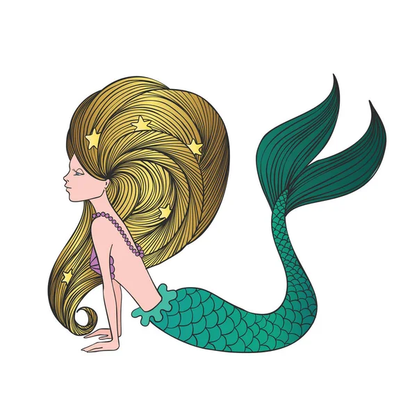 Niedliche Handgezeichnete Junge Meerjungfrau Schöne Cartoon Figur Meerjungfrau Mädchen Mit — Stockvektor