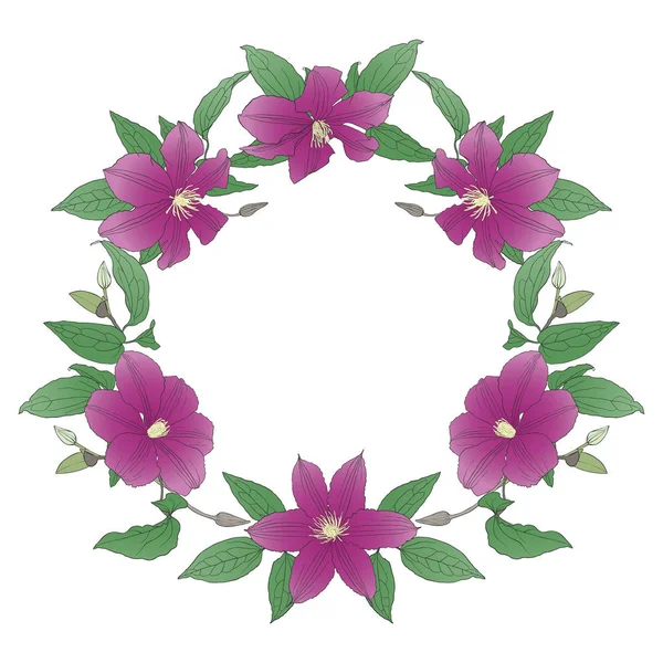 Květinový Věnec Květy Clematis Romantický Design Přání Narozeniny Výročí Roztomilý — Stockový vektor