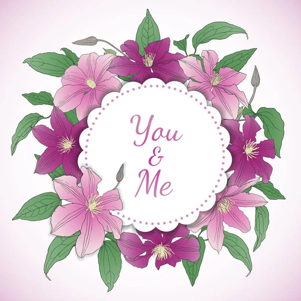 Carte Florale Avec Clematis Flowers Design Romantique Concept Amour Cadre — Image vectorielle