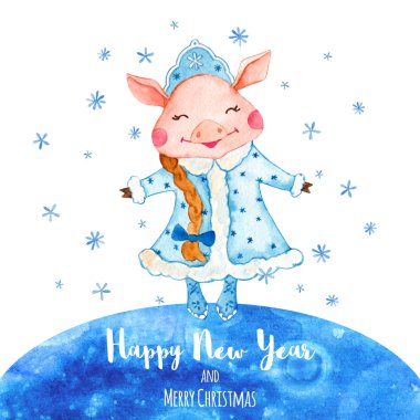 Sulu boya yeni yıl tebrik kartı ile kar kızlık kostüm şirin domuz. 2019 Çin yeni yılı domuz. Suluboya resim.