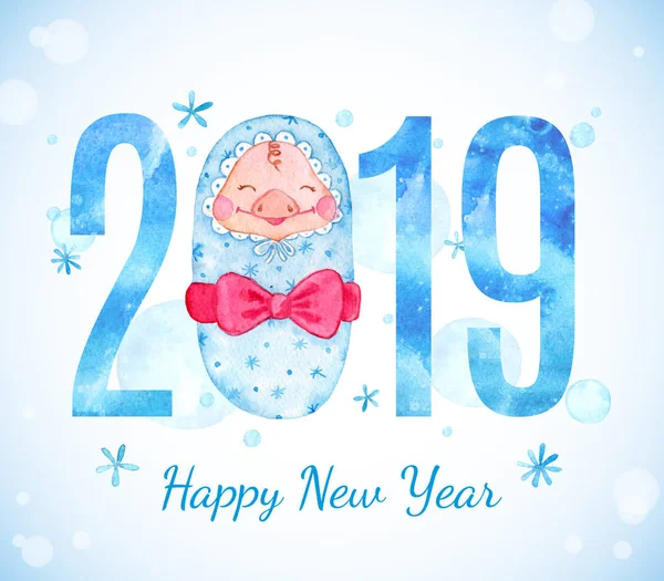 Gelukkig Nieuwjaar Banner Met Pasgeboren Hartje Nummers Groet Aquarel Illustratie — Stockfoto