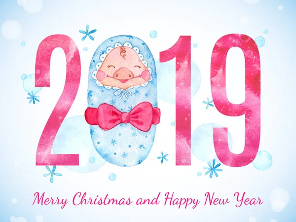 Happy New Year banner with cute newborn Pig and numbers. Greeting watercolor illustration. Symbol of 2019 year. Zodiac sign. Design element for calendar and cards.