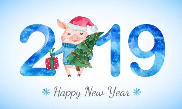 Happy New Year banner with cute Pig in Santa\'s hat with Christmas tree, gift box and numbers. Greeting watercolor illustration. Symbol of 2019 year. Zodiac sign. Design element for calendar and cards.
