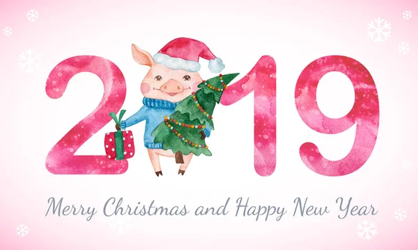 Happy New Year banner with cute Pig in Santa's hat and numbers. Greeting watercolor illustration. Symbol of 2019 year. Zodiac sign. Design element for calendar and cards.
