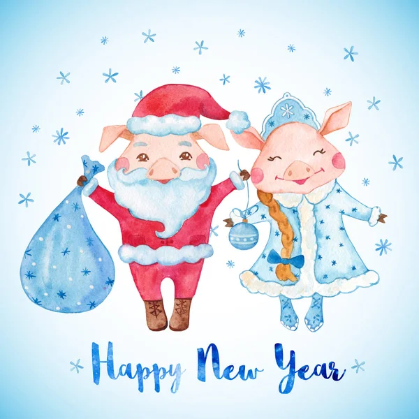 New Year greeting card with cute Pigs in Santa\'s and Snow Maiden\'s costumes. 2019 Chinese New Year of the Pig. Watercolor illustration.
