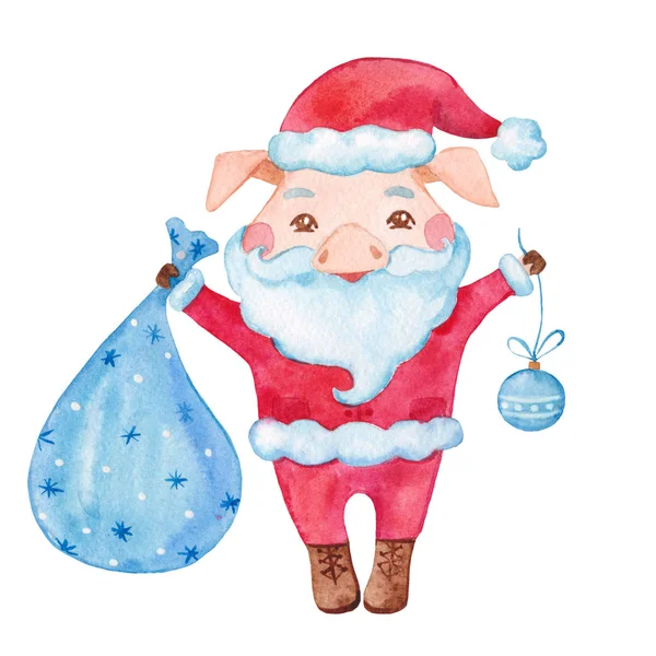 Mignon Personnage Aquarelle Cochon Dans Cardigan Père Noël Chapeau Rouge — Photo