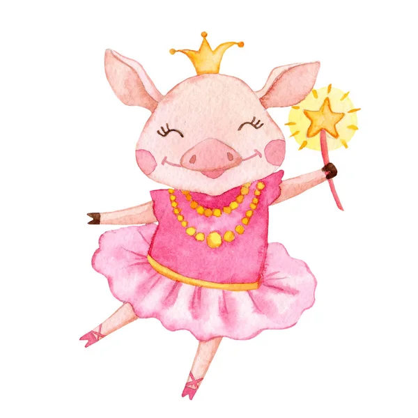 Cute watercolor pig ballerina cartoon character with crown and magic wand. Funny piglet hand drawn illustration. Chinese symbol of the 2019 year.