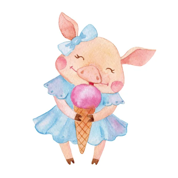 Niedlichen Aquarell Schwein Mädchen Mit Eis Lustige Ferkel Handgezeichnete Illustration — Stockfoto