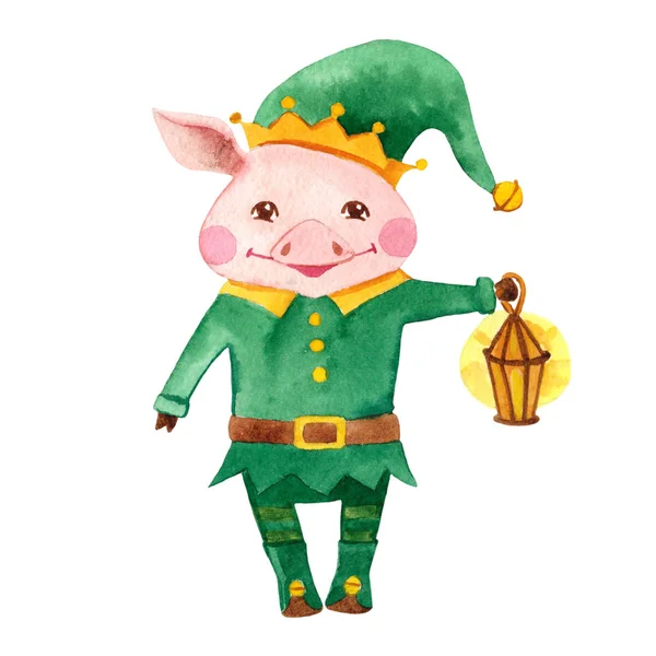 Niedlichen Aquarell Schwein Charakter Weihnachtselfen Kostüm Chinesisches Symbol Des Jahres — Stockfoto