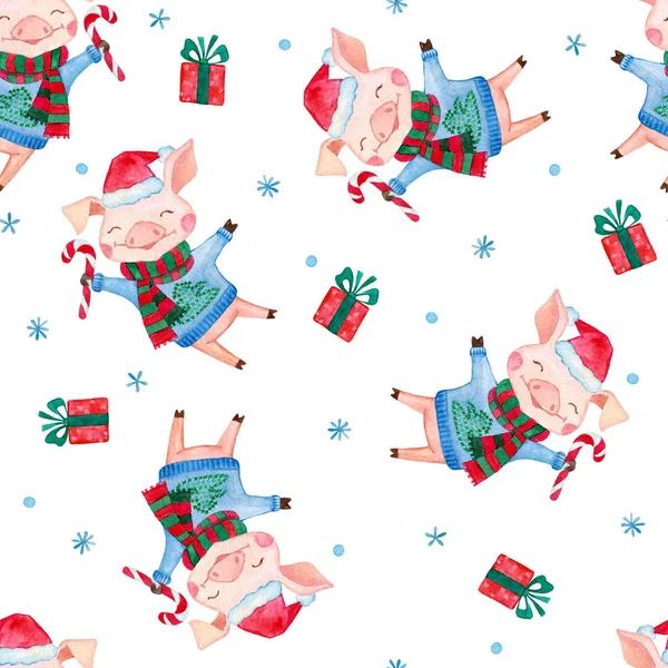 かわいい豚 クリスマス プレゼント 雪で新年のシームレスなパターン 冬水彩背景 2019 年の中国のシンボルです ラッピング スクラップブッ キングや壁紙の要素を設計します — ストック写真