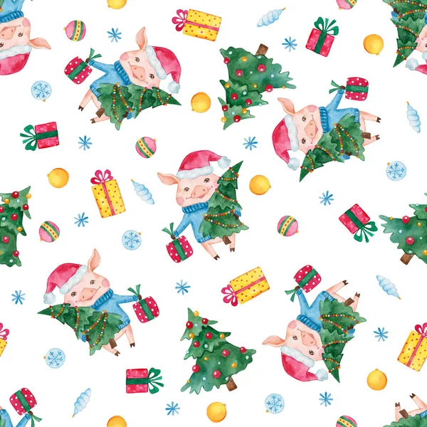 Neues Jahr Nahtloses Muster Mit Niedlichen Schweinen Weihnachtsgeschenken Und Schneeflocken — Stockfoto