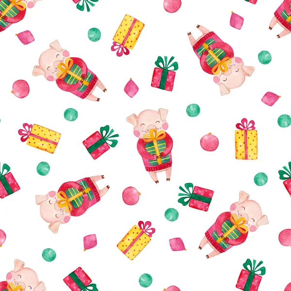 Patrón Sin Costuras Año Nuevo Con Lindos Cerdos Regalos Navidad —  Fotos de Stock