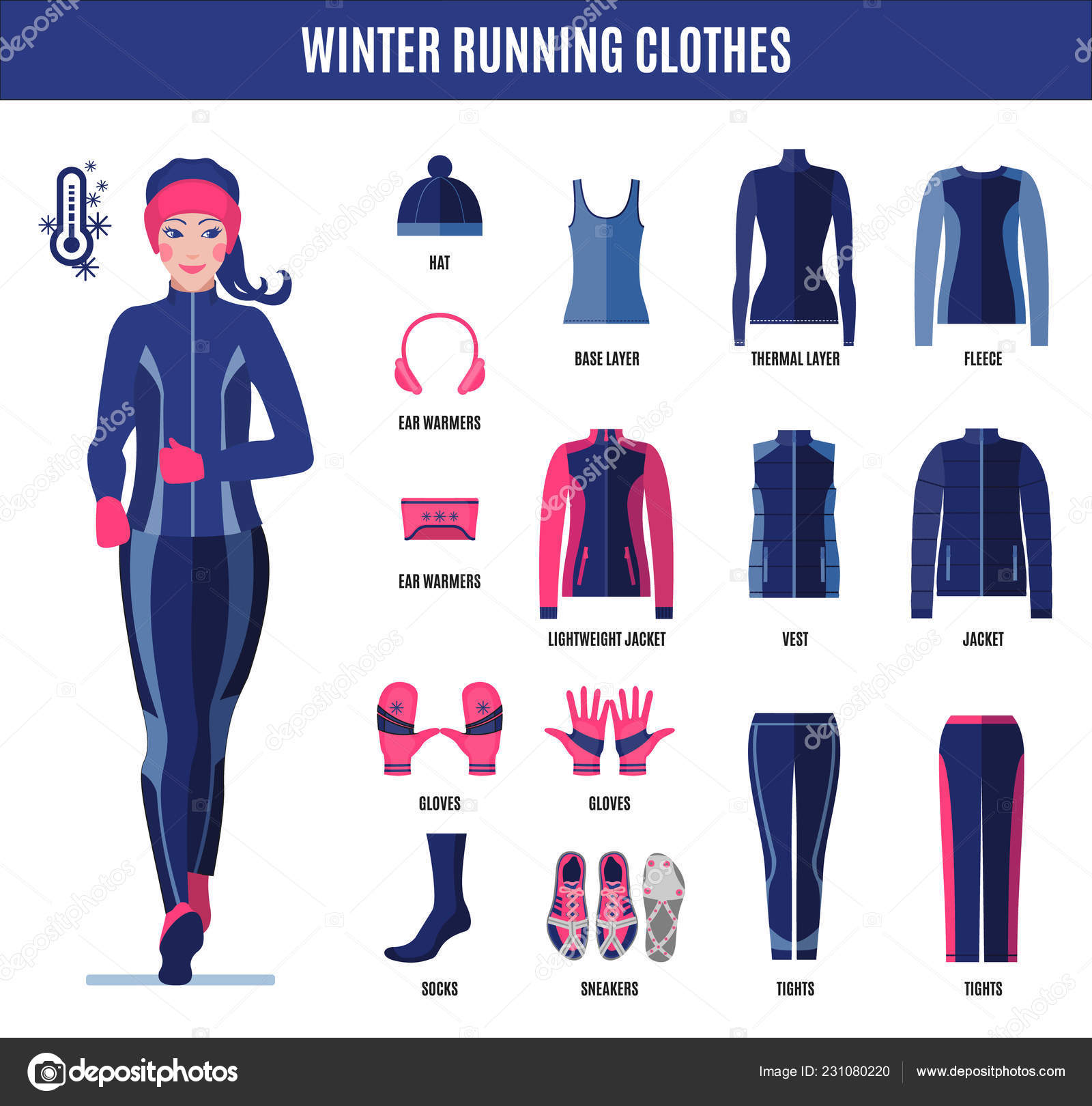 Winter Running Clothes Set Woman Flat Style Isolated White
