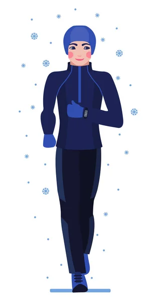 Mann Winterkleidung Läuft Draußen Isoliert Auf Weißem Grund Vektorillustration Junger — Stockvektor