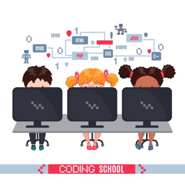 Çocuklar okulda laptoplarda kodlama öğrenin. Bilişim ders kavramını okulda. Beyaz arka plan üzerinde izole vektör çizim. Başlık sayfası, poster veya Web sitesi için tasarım.