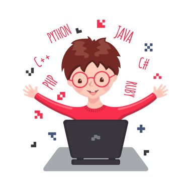 Laptop oturma ve öğrenme web tasarım ve kodlama gülümseyen yakışıklı. Beyaz arka plan üzerinde izole vektör çizim. Bunner, poster ya da Web sitesi için tasarım.