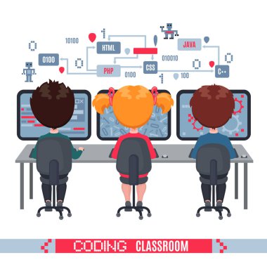 Çocuklar okulda laptoplarda kodlama öğrenin. Bilişim ders kavramını okulda. Beyaz arka plan üzerinde izole vektör çizim. Başlık sayfası, poster veya Web sitesi için tasarım.