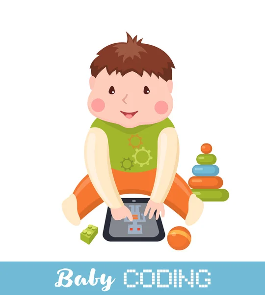 Niño Aprendiendo Codificación Tableta Concepto Educación Informática Infantil Ilustración Vectorial — Vector de stock