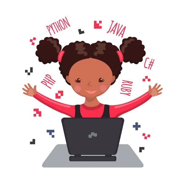 Słodkie African American Girl Szczęśliwy Siedząc Przy Laptopie Nauki Kodowania — Wektor stockowy