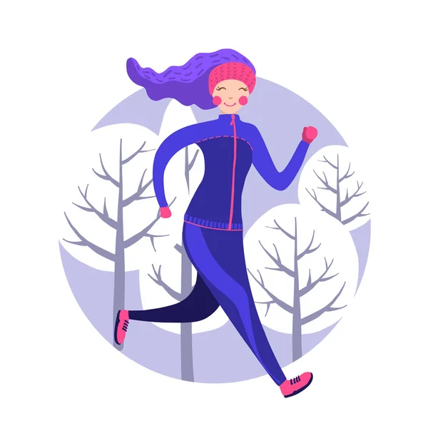 Mujer Linda Equipo Invierno Corriendo Fuera Parque Cubierto Nieve Ilustración — Vector de stock