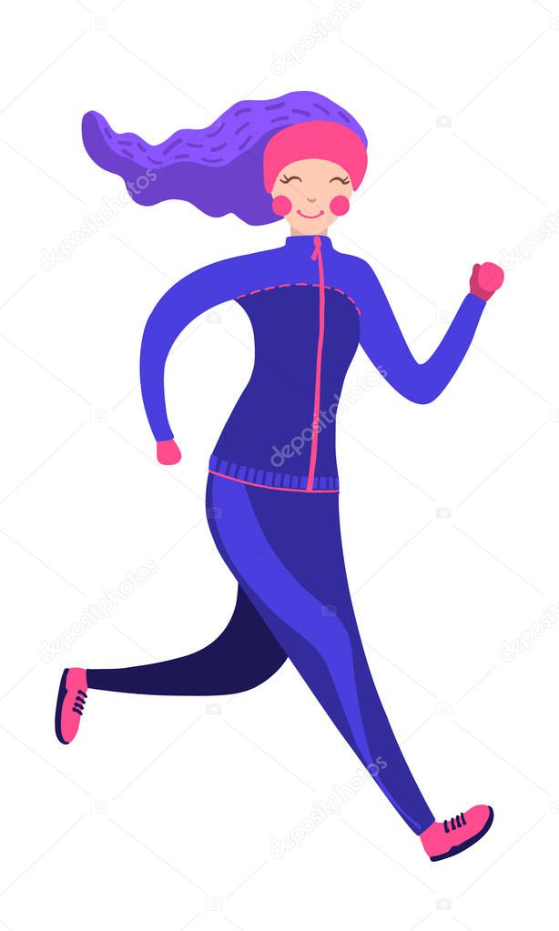 Cute running woman in winter gear isolated on white. Vector illustration. Girl running winter marathon. Healthy lifestyle.