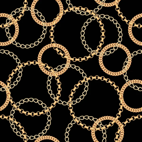 Chaînes Cercles Dorés Motif Sans Couture Sur Fond Noir Élément — Image vectorielle