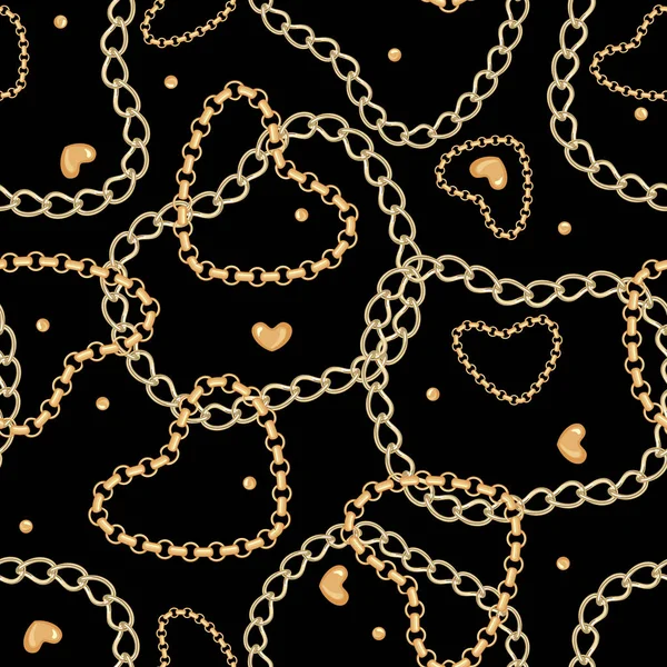 ゴールドとシルバー チェーンの宝石類のシームレスなパターン黒の背景上に分離されて金の心を持つ テキスタイル ファブリック 壁紙などのデザイン要素です ベクトル図 — ストックベクタ