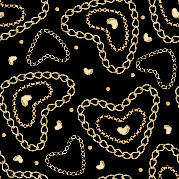 Золотая Цепь Ювелирных Изделий Бесшовный Узор Золотыми Сердцами Изолированы Черном — стоковый вектор