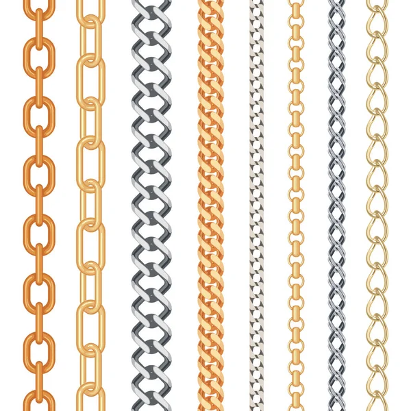 Zlaté Stříbrné Bezešvé Řetěz Sada Izolovaných Bílém Pozadí Módní Kolekce — Stockový vektor