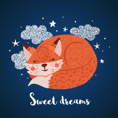 Tebrik kartı sevimli uyku ile fox elinde çizilmiş tarzı. Tatlı rüyalar. Öğe için poster, afiş, t-shirt ve diğer tasarım. Vektör çizim.