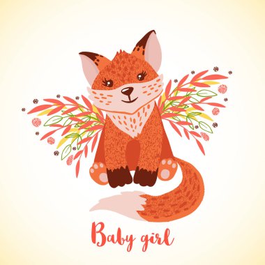 Beyaz arka plan üzerinde izole kelebek kanatlı sevimli el çizilmiş tilki kız. Bebek duş kavramı. Çocuk odası konsepti. Öğe için poster, afiş, t-shirt ve diğer tasarım. Vektör çizim.