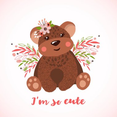 Beyaz arka plan üzerinde izole kelebek kanatlı sevimli el çizilmiş ayı kız. Bebek duş kavramı. Çocuk odası konsepti. Öğe için poster, afiş, t-shirt ve diğer tasarım. Vektör çizim.