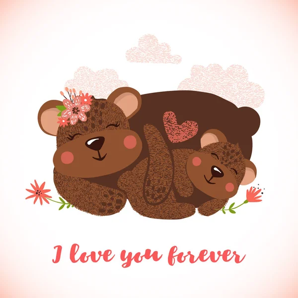 Happy Mothers Day Card Cute Bears Hand Drawn Style Forest — Stock Vector