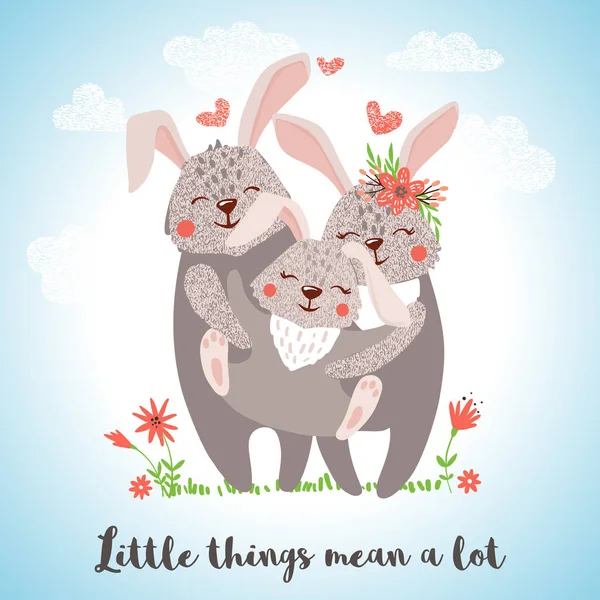 Biglietto Auguri Con Simpatico Abbraccio Conigli Famiglia Stile Disegnato Mano — Vettoriale Stock