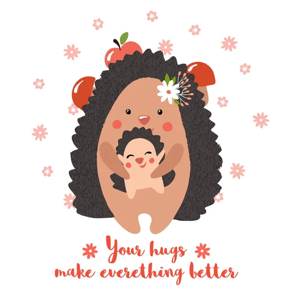 Dzień Matki Happy Karta Słodkie Jeże Ręku Rysowane Stylu Rama — Wektor stockowy