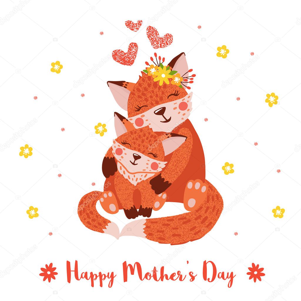 Happy mothers day greeting card with cute foxes in hand drawn style. Baby and mother together. Nursery concept. Vector illustration.