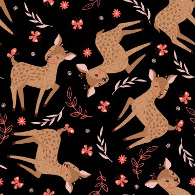 Şirin geyikler ve siyah çiçekler ile Seamless modeli. Bebek duş arka plan. Çocuk odası konsepti. Öğe kumaş, tekstil, duvar kağıdı, baskı, scrapbooking veya diğerleri için tasarım. Vektör çizim.