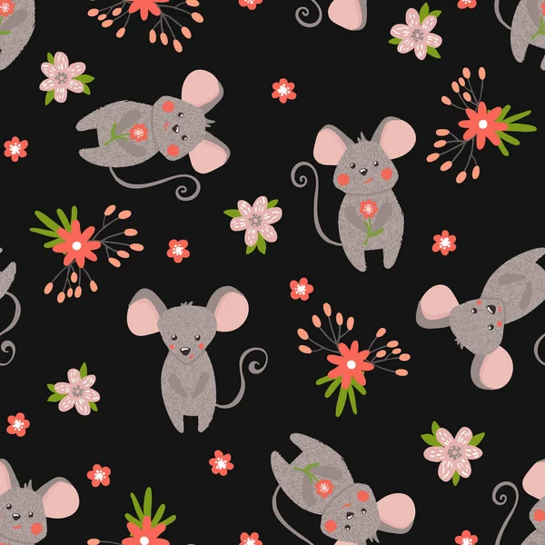 Seamless Pattern Cute Mouses Flowers Isolated Balck Baby Shower Background — стоковый вектор