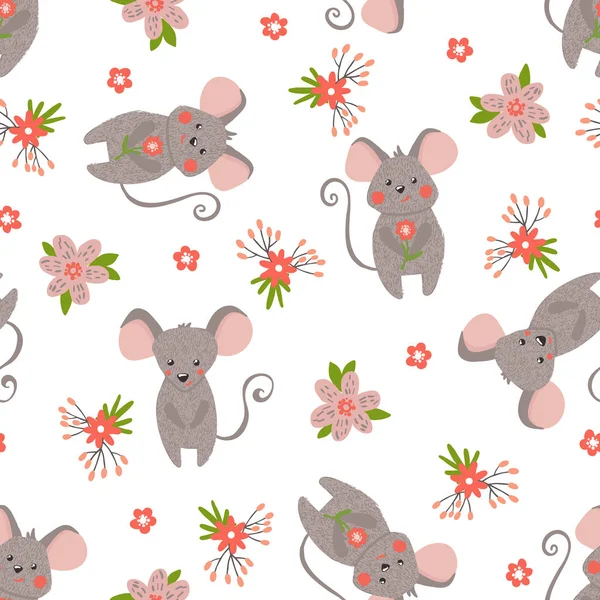 Seamless Pattern Cute Mouses Flowers Isolated White Baby Shower Background — стоковый вектор