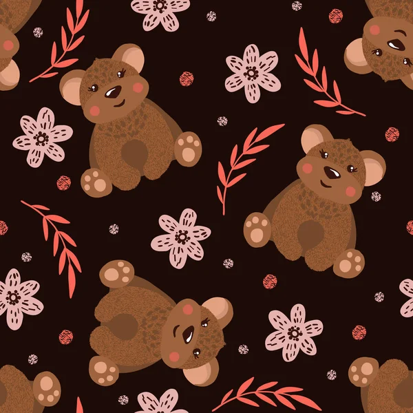 Nahtlose Muster Mit Niedlichen Bären Und Blumen Auf Black Baby — Stockvektor