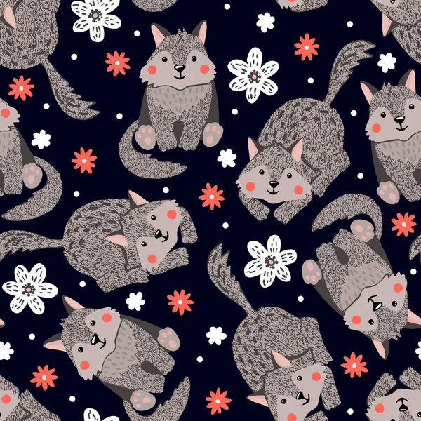 Seamless Pattern Little Wolfs Flowers Black Baby Shower Background Nursery — стоковый вектор