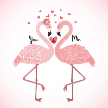 Hand drawn cute flamingos falling in love. clipart